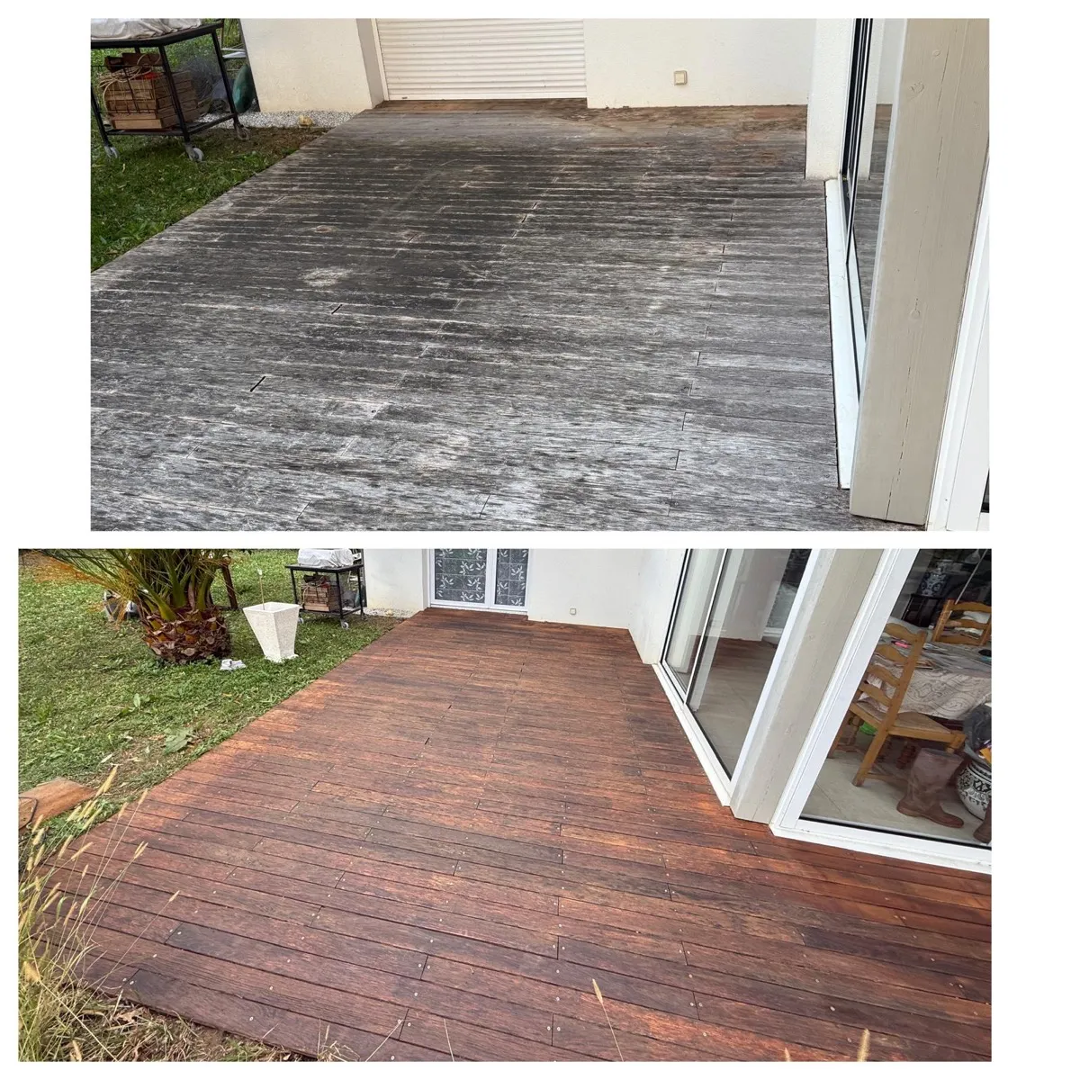Avant apres nettoyage terrasse bois Capbreton